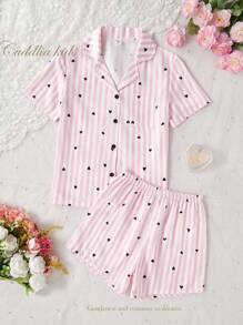 2 件套青少年女孩黑色爱心和粉白条纹短袖上衣和短裤休闲舒适睡衣套装睡衣短裤套装返校时尚