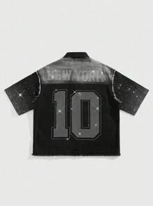 ROMWE MEN Street Life Men's Boxy Fit Rhinestone Embellished Denim Shirt