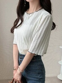 FRIFUL Women's Mesh Hollow Contrast Color Frill Trim Relaxed Fit Casual Cute Loose Short Sleeve T-Shirt, Spring/Summer Eyelet Top Summer Tops Short Sleeve Tops Knit Tops Women Tops - Beige - View 6