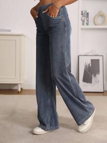 SHEIN Essnce Pantalon large en jeans tricoté stretch taille mi-haute - Bleu azur - Voir 3