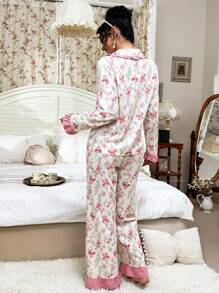CottageSlumber Bộ đồ ngủ nữ họa tiết hoa màu hồng tương phản viền bèo nhún cổ áo và quần dài, bộ đồ ngủ cổ điển, trang phục thu đông ấm áp và thanh lịch - Hồng - Xem 2