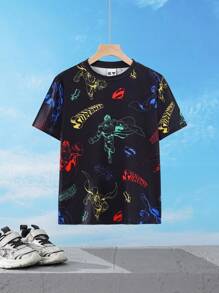 SUPERMAN X SHEIN Tween Boy 霓虹彩色超级英雄印花黑色休闲酷炫落肩短袖 T 恤