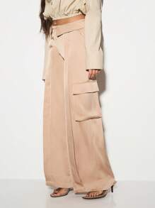 KIZN 奢华阔腿缎面工装裤高腰阔腿裤，带实用口袋，适合晚会场合穿着，度假风格，现代时尚 - 卡其色 - 查看 5