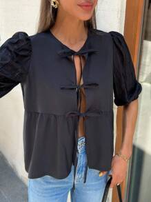 EURMUSE Jednolity kolor, Długi rękaw, Odkryte plecy, Wiązanie z przodu, Bluzki - Czarne - Zobacz 6