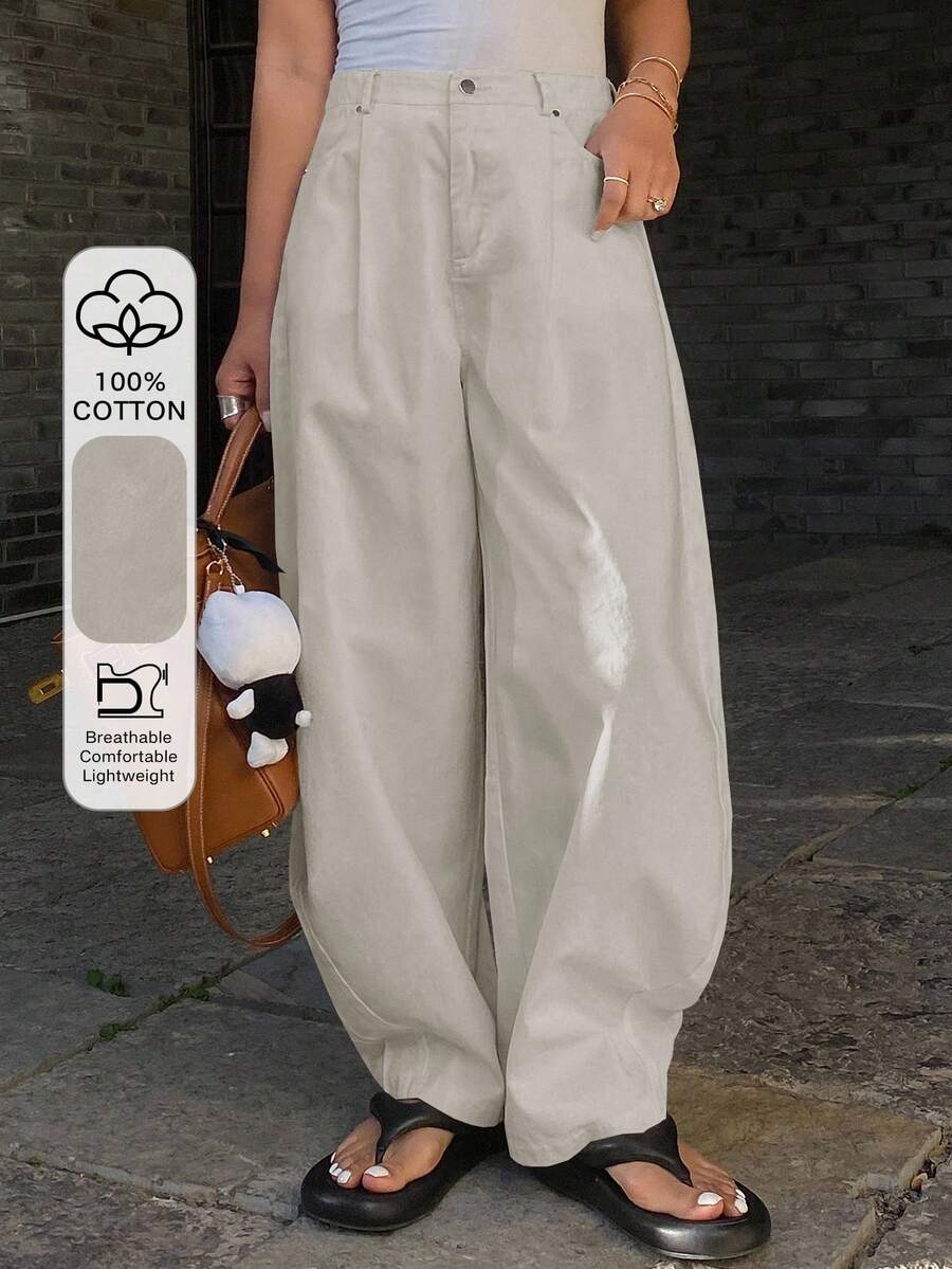 DAZY 女士宽松纯色带口袋萝卜裤，休闲秋季长裤 - 淺灰色 - 查看 1