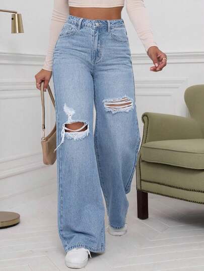 SHEIN ICON Washed Denim Blue High Waist Ripped Wide Leg Jeans