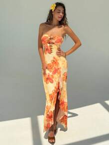 Aloruh Vestido de tirantes finos con estampado floral, decoración con cuentas y abertura alta, para primavera y vacaciones de verano - Multicolor - Ver 6