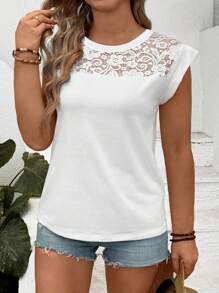 Selamara Plus Size Summer Simple Solid Color Lace Spliced Cap Sleeve T-Shirt - Multicolor - View 3