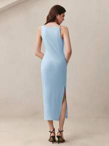 BizChic 浅蓝色吊带褶皱腰侧开衩连衣裙，优雅都市通勤日常浪漫90年代复古风，适合圣诞节、新年、情人节派对、海滩、毕业典礼、时尚、节日、假日、婚礼宾客、早午餐、机场等多种场合。 - 淺藍色 - 查看 6