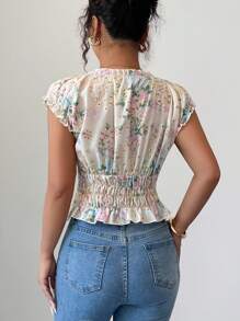 Elenzga Áo cánh thắt nơ cổ chữ V thêu hoa rỗng ở eo - Màu be - Xem 2