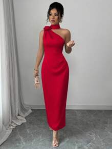 SHEIN PETITE Elegant Crinkle Satin Color Dressing Apricot Color French Vacation Dress, Ruched Waist Bodycon Dress, Fashionable Asymmetric Sleeveless Sash Dress