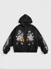 ROMWE MEN Street Life Sudadera con capucha de hombre con estampado de graffiti callejero abierta, adecuada para uso diario, primavera/verano - Negro - Ver 1
