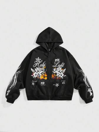 Street Life Felpa con cappuccio aperta con stampa graffiti di strada per uomo, adatta per uso quotidiano, primavera/estate