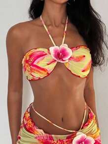 Swim Glamine 女式黄色花朵印花荷叶边露肩系带比基尼上衣，胸部精致 3D 花朵图案，优雅欧式沙滩泳装 - 彩色 - 查看 1