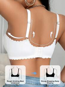 SHEIN Fashionable Minimalist Solid Color Comfy Seamless Lace Patchwork Wireless Wide Strap Pullover Ruffle Trim Thin Padded Plus Size Women Bra - White - View 2