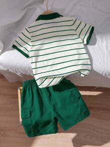 SHEIN 2pcs/Set Young Boy Summer Textured Striped Polo Collar Top And Cargo Pants Outfit - Dark Green - View 2
