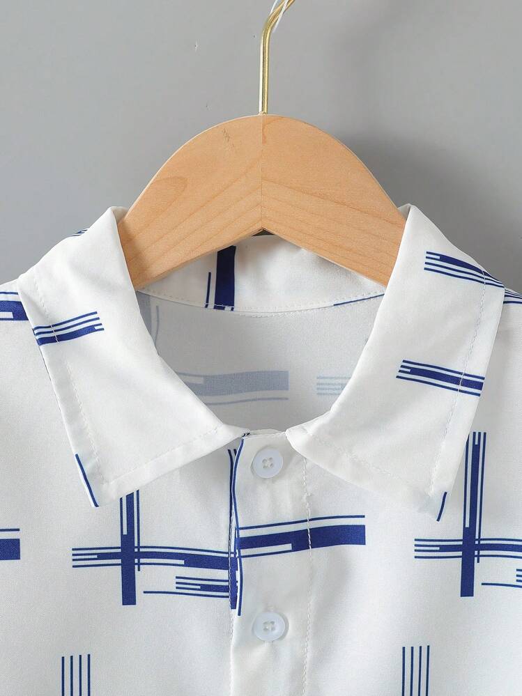 SHEIN 年轻男童休闲几何印花领短袖衬衫和长裤套装休闲年轻男童套装男童服装套装男童两件套 - 彩色 - 查看 4