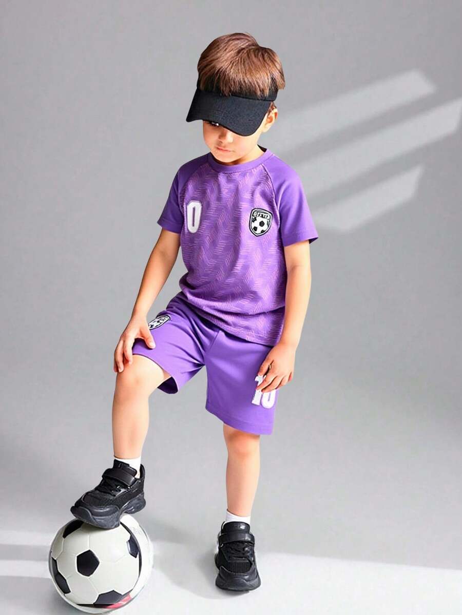 SHEIN Young Boy Letter & Football Print Raglan Short Sleeve Top And Shorts 2pcs Outfit - Purple - View 1