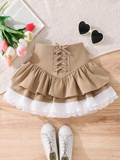 Young Girls Woven Solid Color Cross Straps Layered Cake Khaki Pressed Lace Trim Short Skirt,Back To School,Casual And Versatile, Ladylike, Sweet And Cool Girl,Young Girl Clothes, , Pairing White Shirt,Long Sleeve Tops,Cute Skirts,Back To School Season,Mom And Daughter & Sisters  Matching.