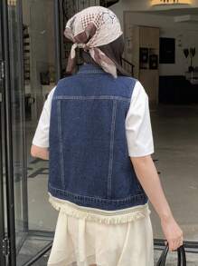 DAZY 女士夏季翻领蕾丝流苏边水洗牛仔背心女式夹克，秋季女装 - 藍色 - 查看 2