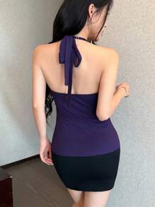 SHEIN LUNE Women's Casual Deep V-Neck Halter Front Adjustable Ruffle Hem Cami Top, Purple - Purple - View 2