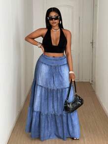 Maweii Plus Size Women's Elegant Casual Street Style A-Line Maxi Skirt With Faux Denim Wash Print, Spring/Summer - Blue - View 6