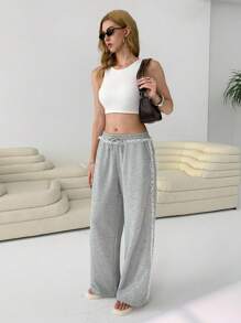 SHEIN EZwear Quần dài ống rộng viền ren giản dị cho nữ - Xám - Xem 1