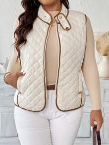EMERY ROSE Plus Size Women's Simple Color Block Padded Vest, Garment Winter Fall Autumn - Apricot - View 3