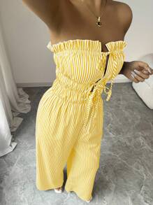 Elenzga Bộ đồ liền thân sọc bandeau thường ngày cho nữ, mùa hè - Màu vàng - Xem 6