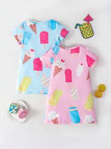 2 件套女婴甜美简约粉色和蓝色针织圆领短袖连衣裙和家居服套装，阻燃 - 彩色 - 查看 2