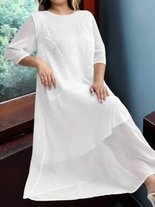EMERY ROSE Vestido de talla grande para mujer de gasa, cuello redondo, manga 3/4, versión suelta de 2 en 1 con bordado, de largo medio - Blanco - Ver 1