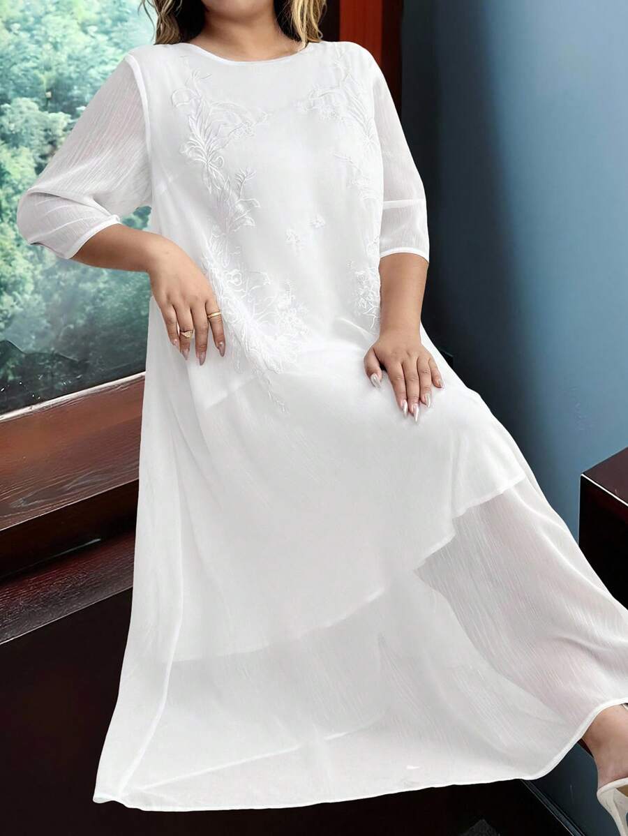 EMERY ROSE Vestido de talla grande para mujer de gasa, cuello redondo, manga 3/4, versión suelta de 2 en 1 con bordado, de largo medio - Blanco - Ver 1