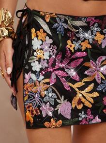 Lumalex Fall Modest Old Money Coquette Glitter Holiday Party Rave Festival Outing Swim Vacation Bohemian BOHO Sea Beach Hot Outdoor Richly Layered Wedding Season Banquet Coming Of Age Ceremony Beach Seaside Floral Beaded Sequins Embroidered Low Waist Tie-Up Mini Skirt