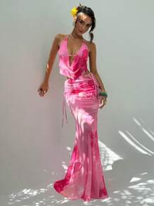 Aloruh مجموعة سيدات صيف مكونة من كامي بطبعة زهرية وياقة خطافية وتنورة ماكسي مكسرة الحافة، مثيرة