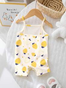 SHEIN 可爱迷你水果柠檬花波尔卡圆点图案，米色，适合春夏季的女婴休闲连体衣，女婴服装，女婴，女婴服装，女婴服装，女婴服装，幼儿服装，婴儿 - 彩色 - 查看 2