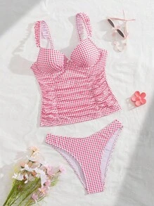 Swim Mod 2 件套格子和随机印花支撑罩杯设计甜美女士背心比基尼上衣