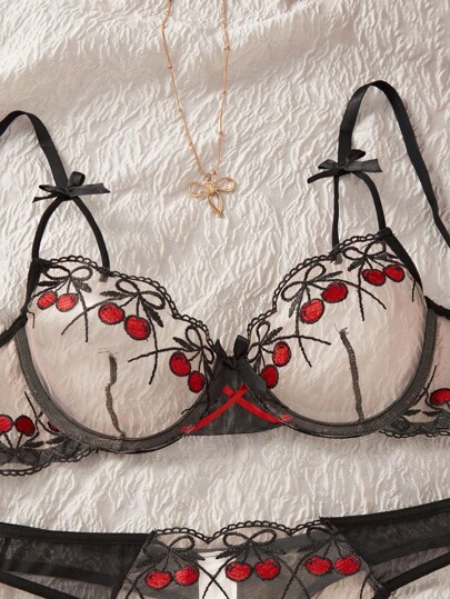 Women Cherry Geborduurde Mesh Verleidelijke Lingerie Set, able Schattige view 3