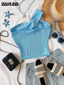 Top tubo asimétrico de cuello de moda para adolescentes, atrevido estilo de verano - Azul - Ver 2