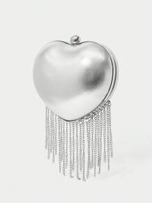 SHECARRY Women Fashion Personalized Simple Silver Heart Shape Tassel Clutch Bag, Suitable For Cocktail Party, Party, Prom, Club, Date, Birthday, Evening, Date Night, Ball - Silver - View 3