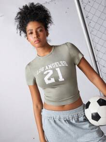 Streetz SHEIN Sport Women's Casual Letter & Number Print T-Shirt,Los Angelas 21 Basketball Short Sleeves Cropped Fitted Shirt,Sage Green,Summer,Gym,Back-To-School - Green - View 1