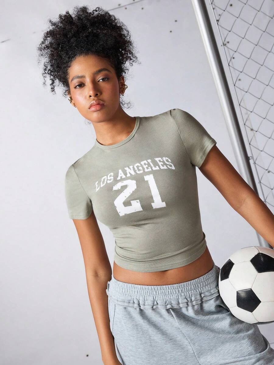 Streetz SHEIN Sport Women's Casual Letter & Number Print T-Shirt,Los Angelas 21 Basketball Short Sleeves Cropped Fitted Shirt,Sage Green,Summer,Gym,Back-To-School - Green - View 1