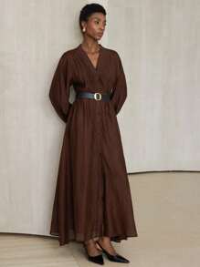 Aveloria Modichic V-Neck Striped Fabric A-Line Waisted Long Sleeve Dress, European And American Style Fall Cloth For Women - Coffee Brown - View 2