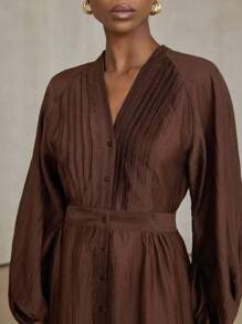 Aveloria Modichic V-Neck Striped Fabric A-Line Waisted Long Sleeve Dress, European And American Style Fall Cloth For Women - Coffee Brown - View 7