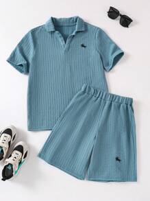 Older Boys Textured Striped V-Neck Embroidered Top & Shorts 2 Pieces Set, Casual Fashion - White - View 1