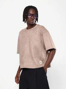SUMWON Premium Suede Effect Boxy Fit Essential T-Shirt With Crew Neck Short Sleeve Ultra Soft Fabric Casual Streetwear Minimalist Design Modern Basic Fall Collection Plain - Khaki - View 1