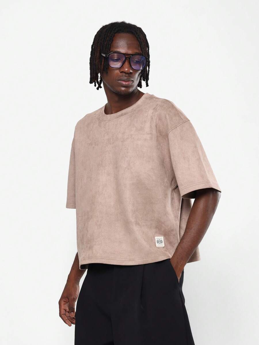 SUMWON Premium Suede Effect Boxy Fit Essential T-Shirt With Crew Neck Short Sleeve Ultra Soft Fabric Casual Streetwear Minimalist Design Modern Basic Fall Collection Plain - Khaki - View 1