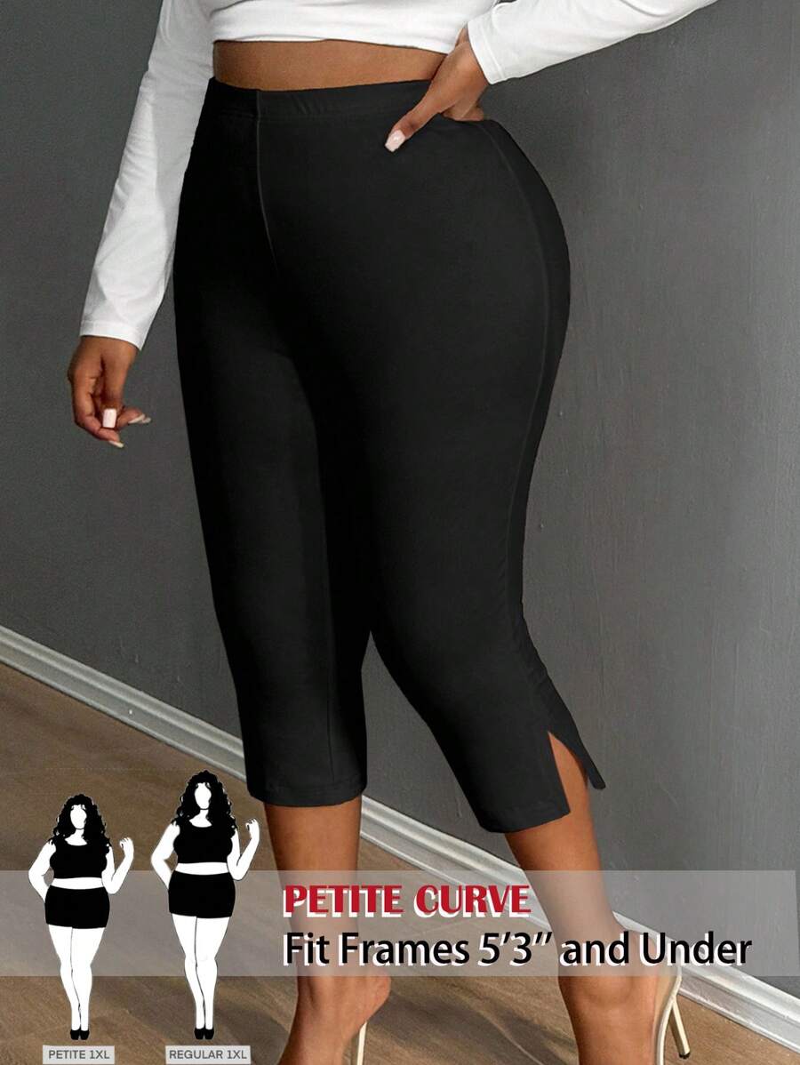 SHEIN PETITE CURVE 大码纯色高腰开衩休闲七分紧身裤 - 黑色 - 查看 1