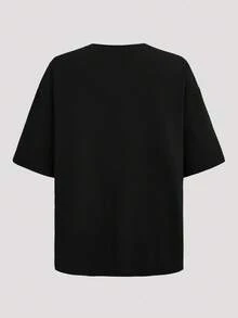 SHEIN Girlism 2 件套青少年女孩休闲宽松圆领针织花卉褶皱上衣和短裤套装，黑色，舒适的日常穿着，适合日常、返校、节日家庭户外春季野餐和街头服饰等各种场合 - 黑色 - 查看 4