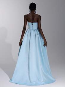 Glamrae Váy satin xanh sang trọng cổ điển với phần ngực xếp nếp, cà vạt có thể điều chỉnh được đính ngọc trai ở phía sau, chân váy chữ A xẻ phía trước, phù hợp cho những dịp trang trọng, tiệc tùng và vũ hội - Màu xanh lam - Xem 3