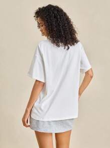 INAWLY Casual Butterfly Print Round Neck Drop Shoulder Women T-Shirt